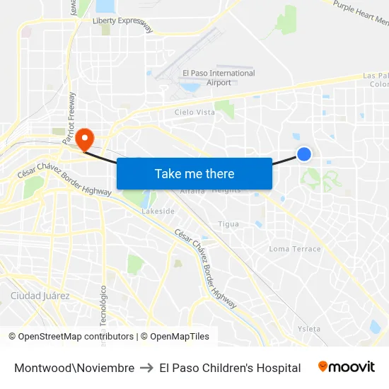 Montwood\Noviembre to El Paso Children's Hospital map