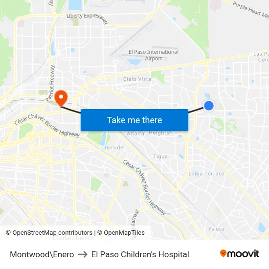 Montwood\Enero to El Paso Children's Hospital map