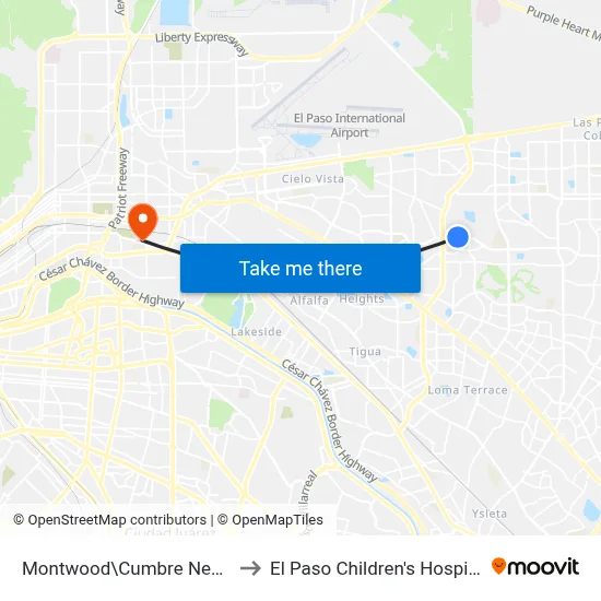 Montwood\Cumbre Negra to El Paso Children's Hospital map