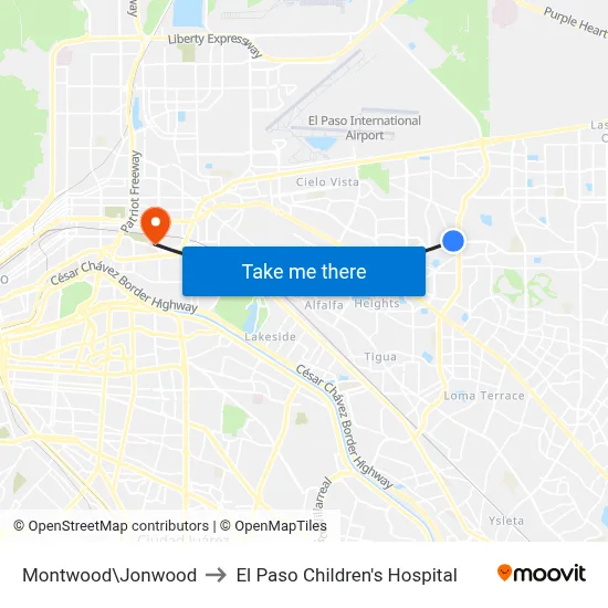 Montwood\Jonwood to El Paso Children's Hospital map