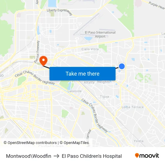 Montwood\Woodfin to El Paso Children's Hospital map