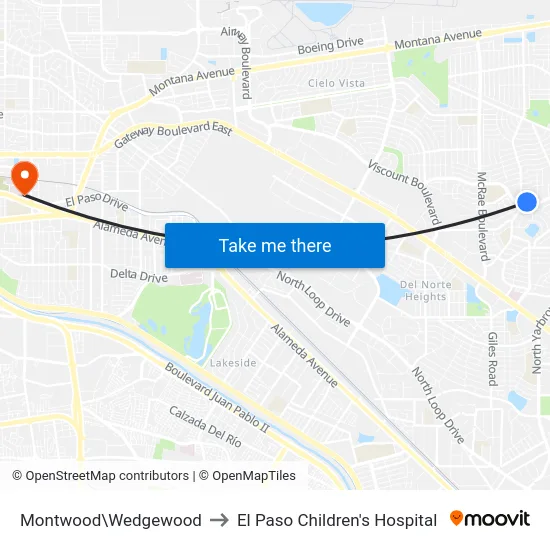 Montwood\Wedgewood to El Paso Children's Hospital map