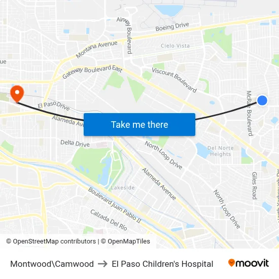 Montwood\Camwood to El Paso Children's Hospital map