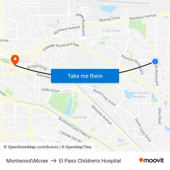 Montwood\Mcrae to El Paso Children's Hospital map