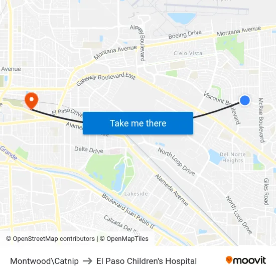 Montwood\Catnip to El Paso Children's Hospital map