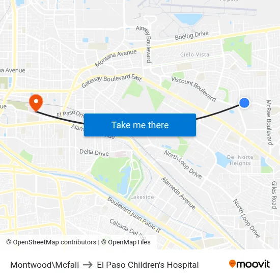 Montwood\Mcfall to El Paso Children's Hospital map