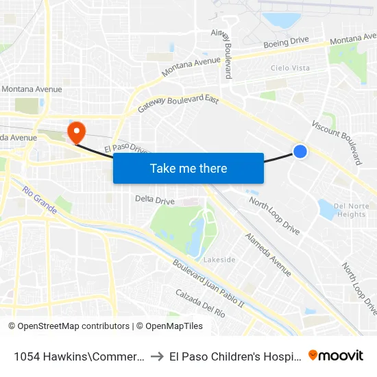 1054 Hawkins\Commerce to El Paso Children's Hospital map