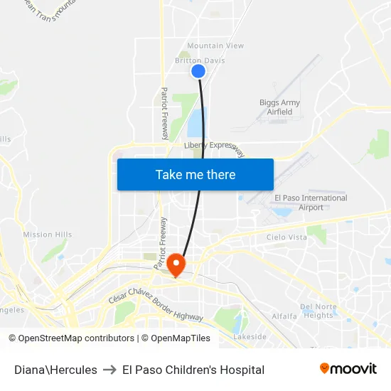 Diana\Hercules to El Paso Children's Hospital map