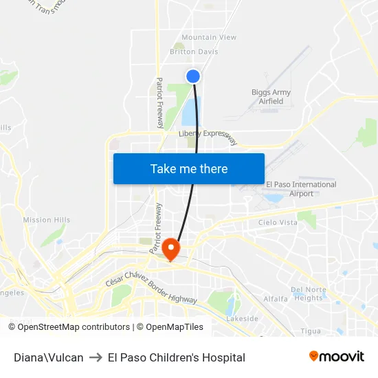 Diana\Vulcan to El Paso Children's Hospital map
