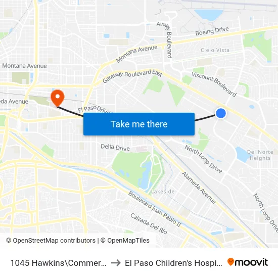 1045 Hawkins\Commerce to El Paso Children's Hospital map