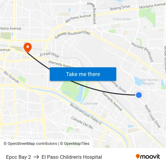 Epcc Bay 2 to El Paso Children's Hospital map