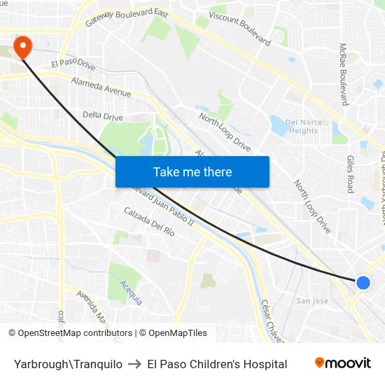 Yarbrough\Tranquilo to El Paso Children's Hospital map