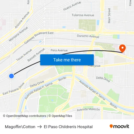 Magoffin\Cotton to El Paso Children's Hospital map