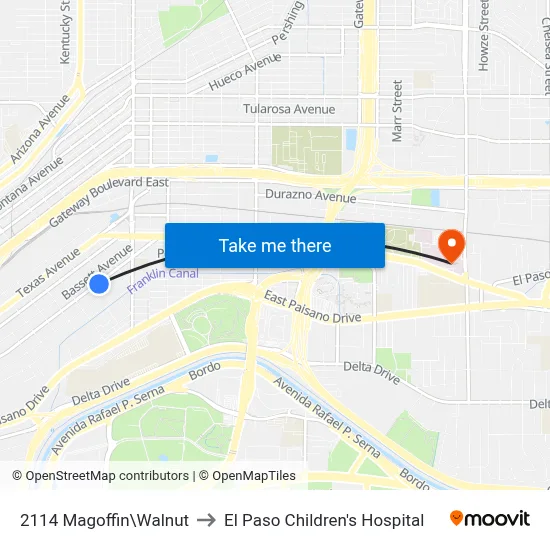 2114 Magoffin\Walnut to El Paso Children's Hospital map