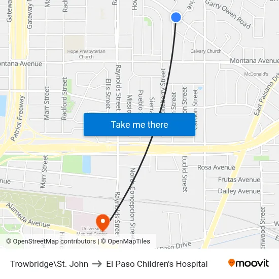 Trowbridge\St. John to El Paso Children's Hospital map