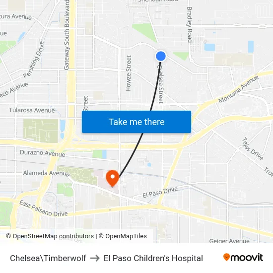 Chelsea\Timberwolf to El Paso Children's Hospital map