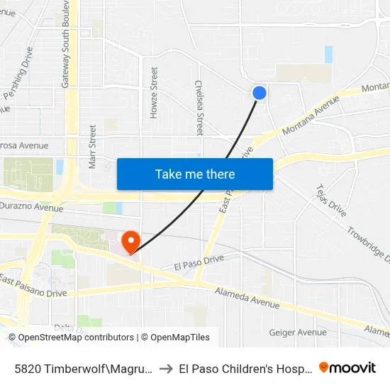 5820 Timberwolf\Magruder to El Paso Children's Hospital map