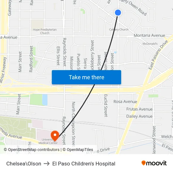 Chelsea\Olson to El Paso Children's Hospital map