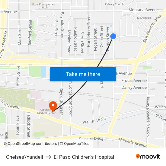 Chelsea\Yandell to El Paso Children's Hospital map
