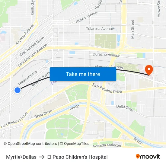 Myrtle\Dallas to El Paso Children's Hospital map