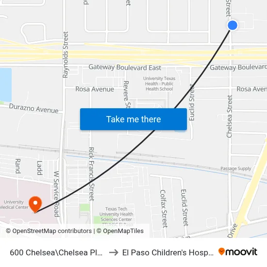 600 Chelsea\Chelsea Plaza to El Paso Children's Hospital map