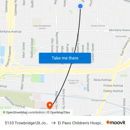 5133 Trowbridge\St.John to El Paso Children's Hospital map