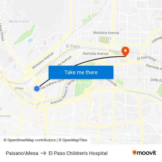 Paisano\Mesa to El Paso Children's Hospital map