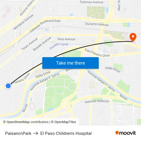 Paisano\Park to El Paso Children's Hospital map