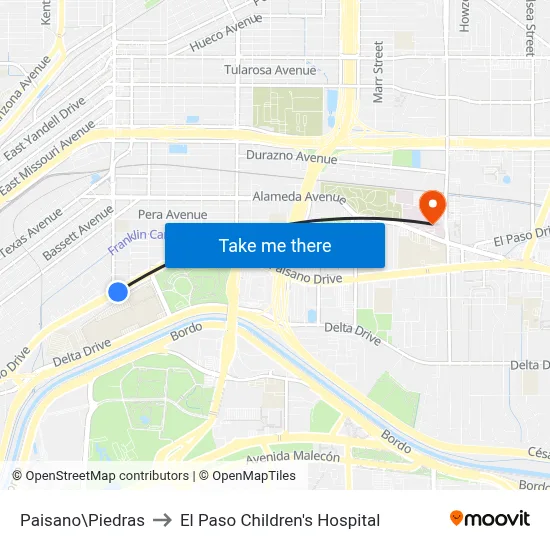 Paisano\Piedras to El Paso Children's Hospital map