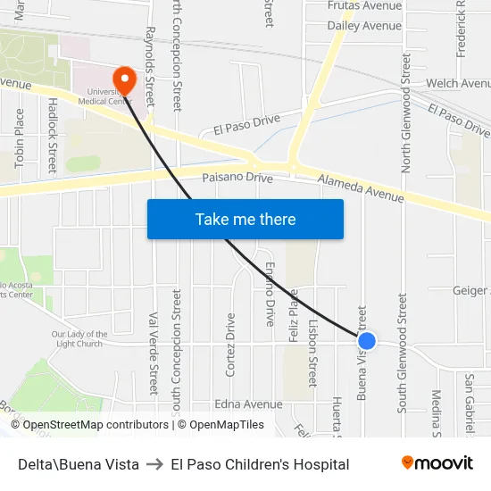 Delta\Buena Vista to El Paso Children's Hospital map