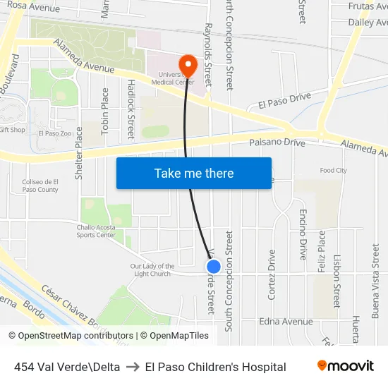 454 Val Verde\Delta to El Paso Children's Hospital map