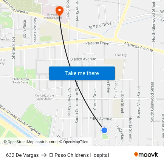 632 De Vargas to El Paso Children's Hospital map