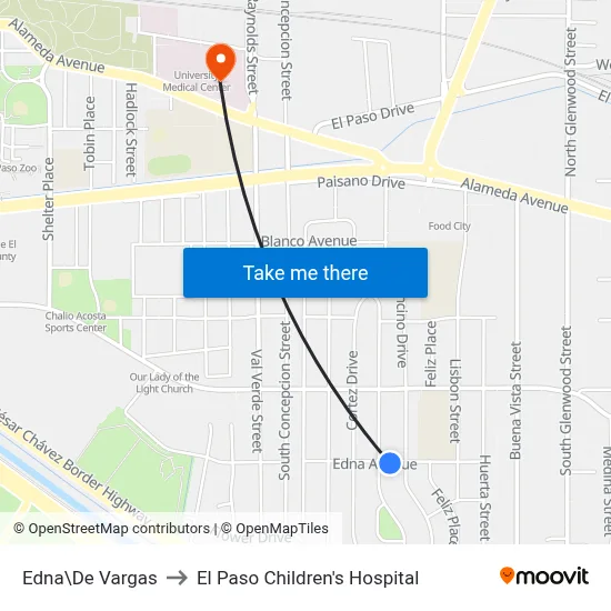 Edna\De Vargas to El Paso Children's Hospital map