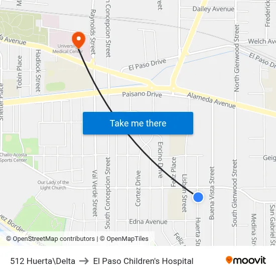 512 Huerta\Delta to El Paso Children's Hospital map