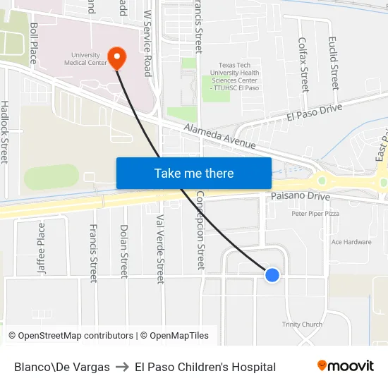 Blanco\De Vargas to El Paso Children's Hospital map