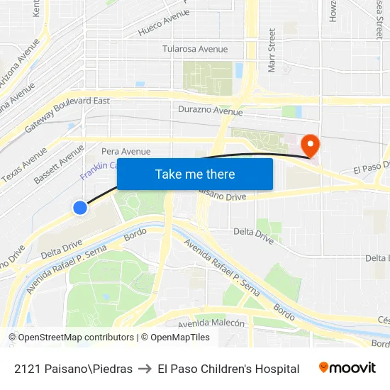 2121 Paisano\Piedras to El Paso Children's Hospital map