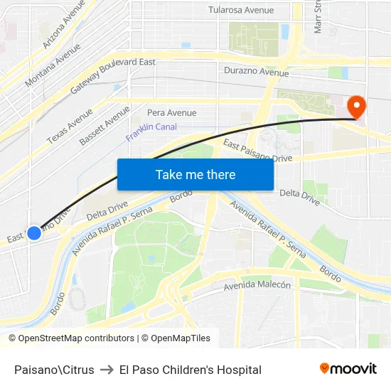 Paisano\Citrus to El Paso Children's Hospital map