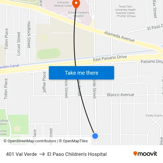 401 Val Verde to El Paso Children's Hospital map
