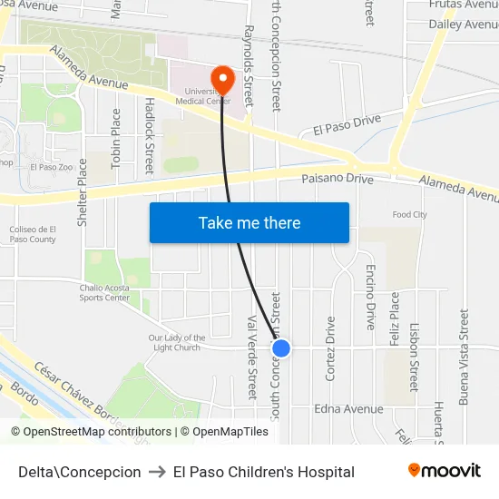 Delta\Concepcion to El Paso Children's Hospital map