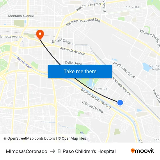 Mimosa\Coronado to El Paso Children's Hospital map