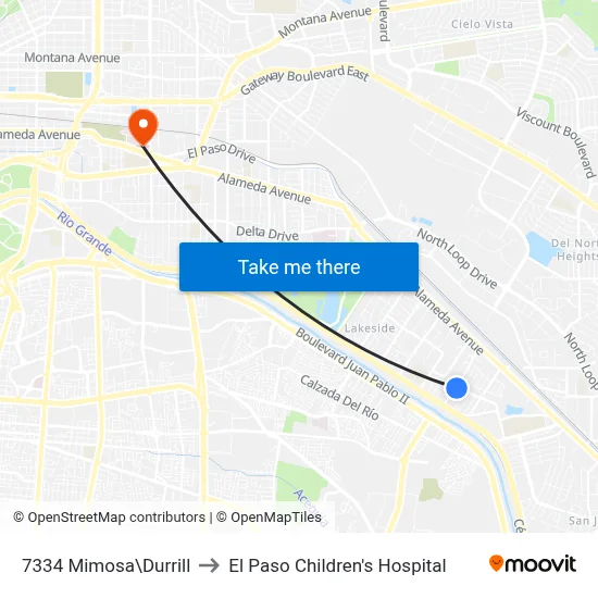 7334 Mimosa\Durrill to El Paso Children's Hospital map