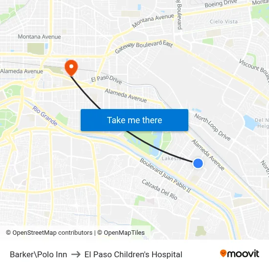 Barker\Polo Inn to El Paso Children's Hospital map