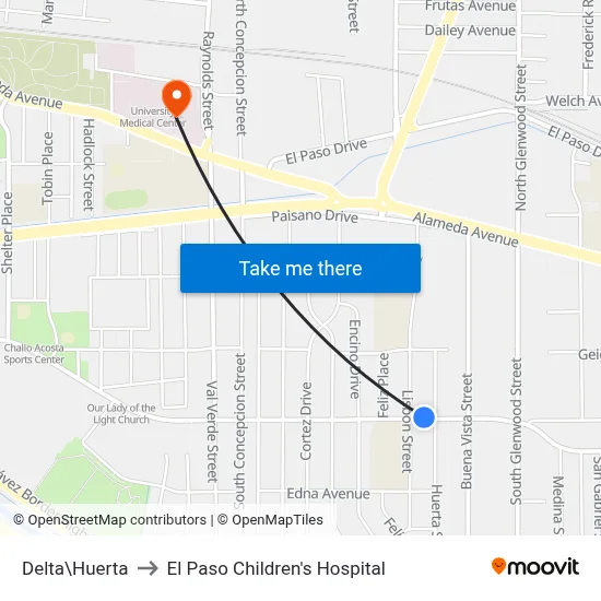Delta\Huerta to El Paso Children's Hospital map