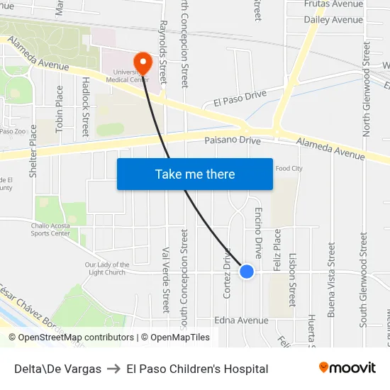 Delta\De Vargas to El Paso Children's Hospital map