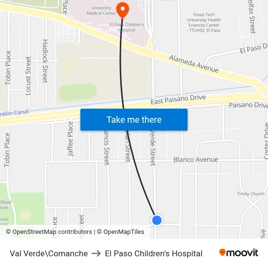 Val Verde\Comanche to El Paso Children's Hospital map