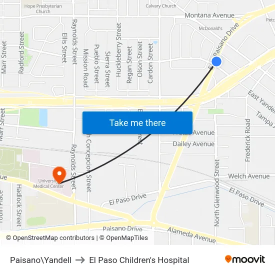 Paisano\Yandell to El Paso Children's Hospital map