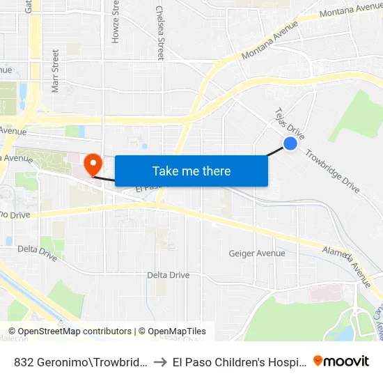 832 Geronimo\Trowbridge to El Paso Children's Hospital map