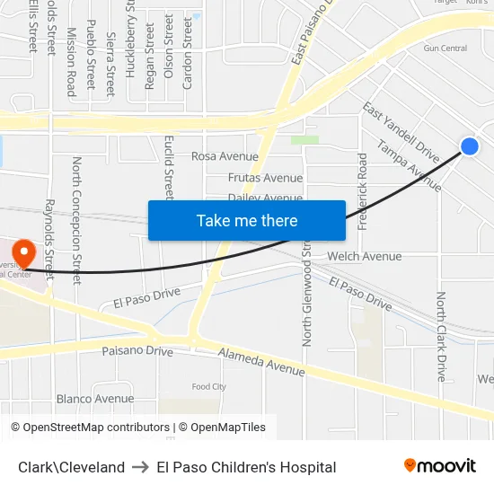 Clark\Cleveland to El Paso Children's Hospital map