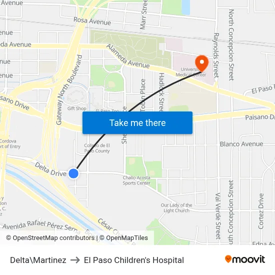 Delta\Martinez to El Paso Children's Hospital map