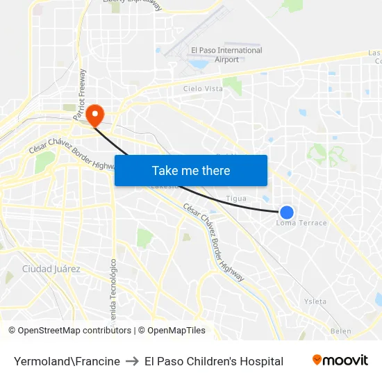 Yermoland\Francine to El Paso Children's Hospital map